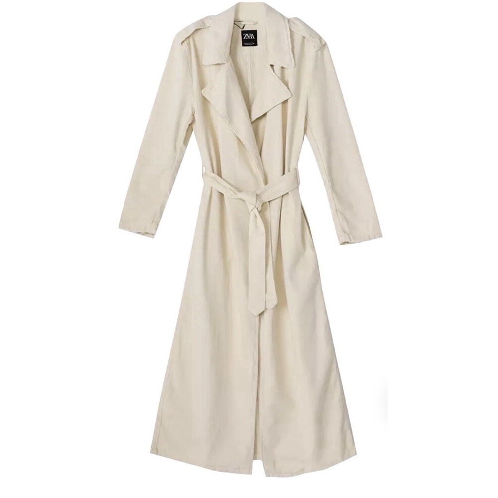Zara Belted Cotton Denim Topcoat Ecru Cream Trench Coat Jacket Utility Minimal S